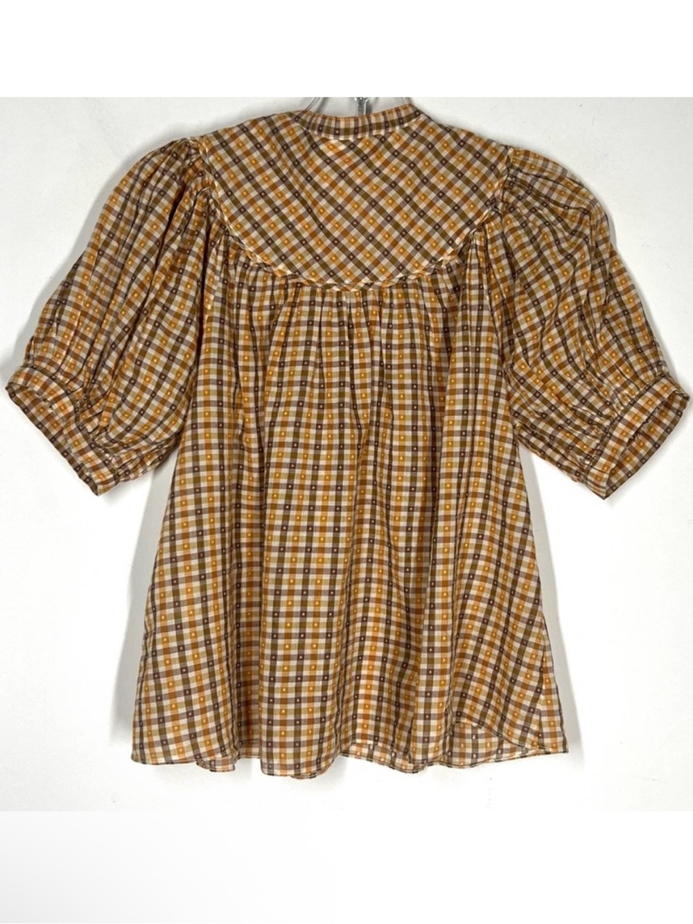 Doen Brenna Blouse in Orange Meringue Plaid Puff Sleeves Button Front Sz XS - Picture 6 of 6